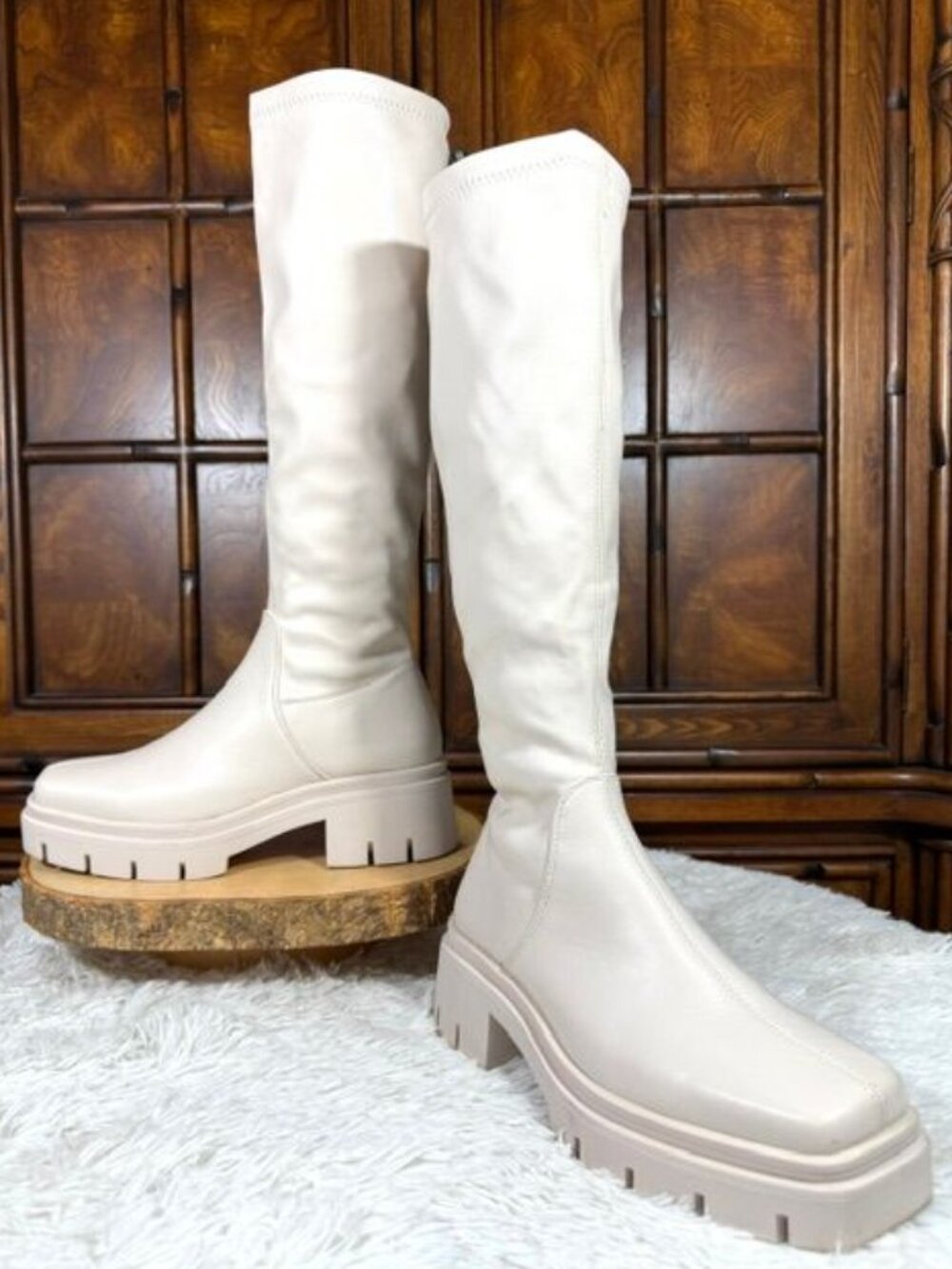 Vivianly Ivory Stone Square Toe Platform Lug Sole Knee High Stretch Boot